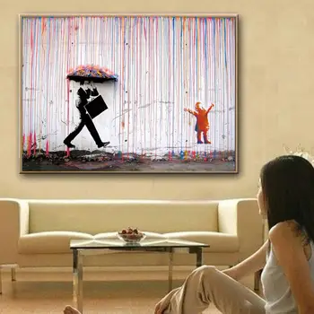 Olejomaľba Deti v daždi Moderné Abstraktné maliarske umenie, ručne maľované Plátno na Maľovanie umenie Jedinečný dizajn 2020041701