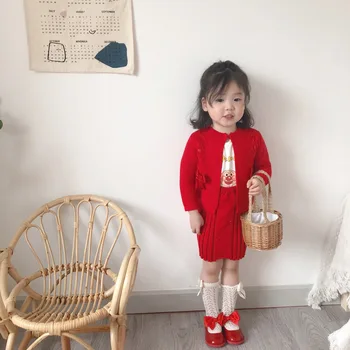 Dieťa španielske Dievča Oblečenie, detská Pletené Bunda Batoľa Preppy Štýl Oblečenie Set sa Deti Cardigan + Podväzkové Šaty