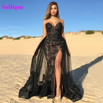 SoDigne Dubaj Večerné Šaty S Odnímateľnou Sukne Sexy Backless Predné Štrbinou Nášivka Prom Šaty Žien arabčina Formálne šaty