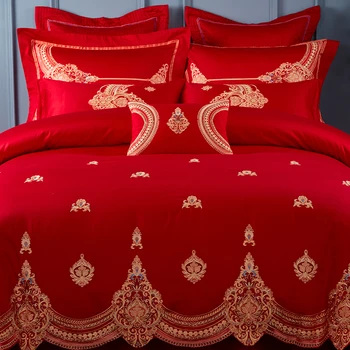 Z egyptskej Bavlny Luxusné Červené Svadobné Dary King size Postelí nastaviť Queen Bed list nastaviť Výšivky Posteľ nastaviť Perinu