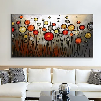 Ručne Maľované Abstraktné Červená Žltá Kolo Kvety, Olejomaľba Na Plátne Hrubé Nôž Maľovanie Na Stenu Umenia Pre Obývacia Izba Dekor