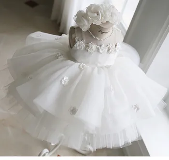 Biela Čipka Kvet Baby Girl Dress Krst plesové Šaty, Appliques Sprievod Šaty pre Dievča, Narodeniny, Svadobné Party Krst Šaty