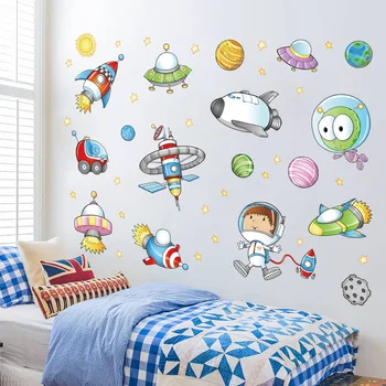 Priestor astronaut cartoon stenu, nálepky, detská izba vesmíru, planéty, galaxie raketovú loď dekoračné samolepky na stenu pre deti izieb