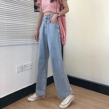 S-XL letné kórejský preppy štýl voľné ženy dlho džínsové nohavice dvojité tlačidlá vysoký pás rovné džínsy pre womens (78376)