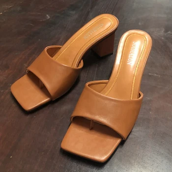 2020 Nové Značky Ženy Papuče Námestie Vysokým Podpätkom Pošmyknúť Na Flip Flop Elegantné Letné Vonkajšie Sandál Ženy Listov Sandál Plus veľkosť 41