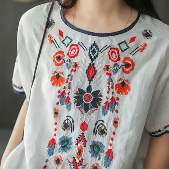Nové vyšívané Tričko bavlny a konope top dámske letné kórejská verzia krátky rukáv literatúra a umenie voľný čas pulóver košele