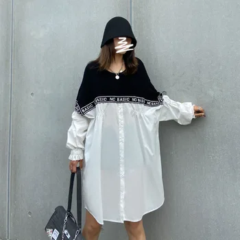 XUXI Spájaní Nových Streetwear Oblečenie kórejský Tenké Pletenie Dlhý Rukáv Ženy Voľné Nad Kolená Mini Šaty Jeseň 2020 FZ3350