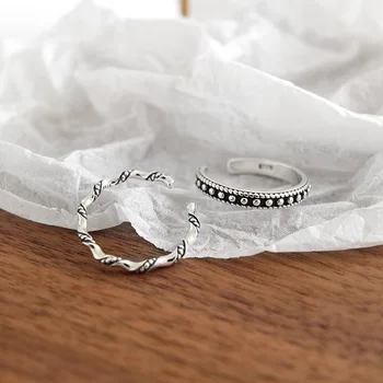 Vintage striebro 925 šperky prstene twist Kruhu perličiek vlna povrchu žena Otvorenie strieborné prstene Unisex Strany obvykle Darček Príslušenstvo