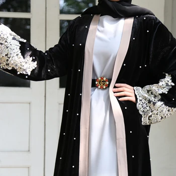 Siskakia Black Velvet Otvoriť Abaya Moslimských Dubaj Arabskom vyšívané Čipky patchwork Korálky Kimonos Blízkom Východe Islamu v Turecku Jubah