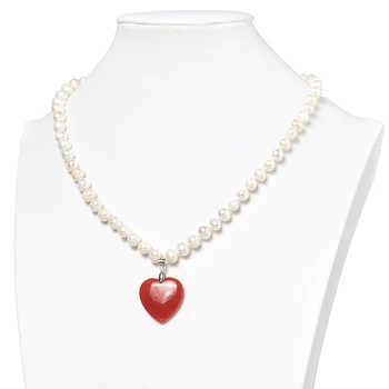 8. - 9. mm Sladkovodné Prírodné Perlový Náhrdelník s Romantické a krásne čistá červená v tvare srdca 25*25*6 mm prívesok a Drobné Jemné