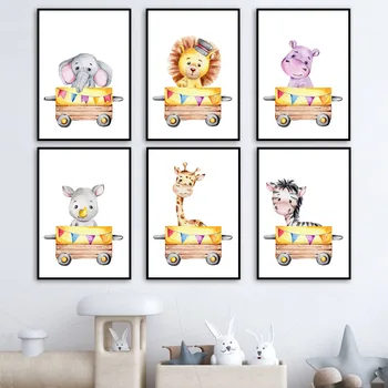 Zvieratá Auto Lev, Žirafa, Zebra, Slon Hipo Wall Art Plátno Na Maľovanie Nordic Plagáty A Vytlačí Na Stenu Obrázky Detská Izba Decor