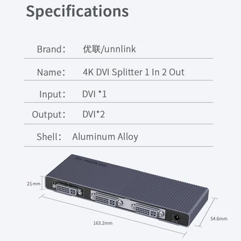 Unnlink DVI Splitter 4K UHD@30Hz 1X2 DVI-D Distribútor 1 Do 2 Z FHD 1080P@60Hz pre Projektor Monitor Počítača