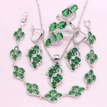 Ušľachtilý Zelený Zirkón Strieborná Farba Šperky Sady Pre Ženy Prekrásny Náramok, Náušnice, Náhrdelník Prívesok, Prsteň Svadobné Šperky