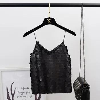 2019 Nové Leto, Jeseň Fashion Sequined Krátke Camis Ženy Slim tvaru sequin Nádrže Sexy streetwear tenké pásiky halter top Mw575
