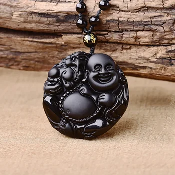 Prírodné Obsidian Kameňa Vytesané Maitreya Budha Prívesok Náhrdelník Šperky Unisex Muži Ženy Šťastie, Amulet Prívesok Zdarma Korálky Reťazca