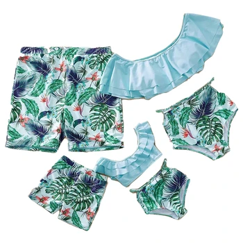 2019 Rodiny zodpovedajúce oblečenie Zodpovedajúce Plavky Leaf Tlač Plaviek Matka, Dcéra, Mužov, Chlapcov Plavky Plážové Šortky Pre Deti Mužov