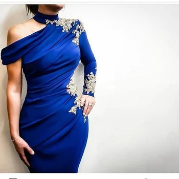 Nový Príchod Jedného pleca Dlhý rukáv večerné šaty 2021 Kráľovská modrá večerné šaty s Čipkou Korálkové Formálne šaty Party dlhé šaty