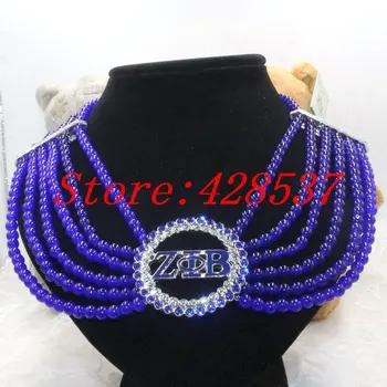 Doprava zadarmo grécky Sorority Zeta Phi Beta Symbol Kráľovská Modrá Biela Crystal 6 mm Kameň Šperky Častý Kolo Choker Náhrdelníky