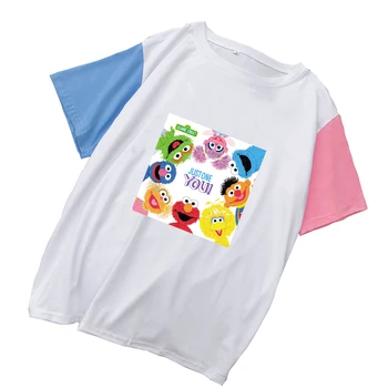 Ženy Harajuku Kawaii T Shirt Lete Kúzlo Farieb Patchwork Bavlna T-shirt Sesame Street Karikatúra Tlače Voľné Tee Tričko Femme Topy