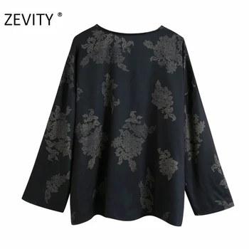 ZEVITY ženy, vinobranie v krku kvetinový tlačiť bežné halena, blúzky, košele ženy dlhý rukáv kimono roupas elegantné blusas topy LS7188