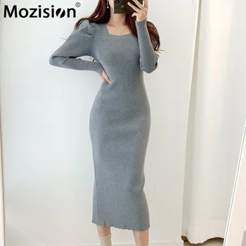 Mozision Puff-rukáv Námestie Golier Pletené Šaty Pre Ženy Pevné Celý Rukáv Split Šaty Dámske Zimné 2021 Elegantné Šaty