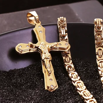 Nový Príchod Ježiša, Kríž Crystal Prívesok Náhrdelník Odkaz Byzantskej Zlatá Farba Nehrdzavejúcej Ocele Mužov Šperky Collier 21.65