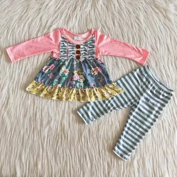 Jeseň/zima dievčatká ružová kvetinová tunika stripe nohavice deti oblečenie boutique oblečenie set