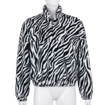 SUCHCUTE kožuchy Pre Ženy Zebra Vzor Y2K Bunda Modis Longslive Zips Bežné Teplé Zimné 2020 Harajuku Kabát Žena