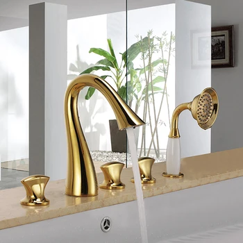 DOPRAVA ZADARMO Súčasného Vodopád pevné Brass Ti-PVD zlatá rozšírené 5 Otvorov Kúpeľňa swan vaňou, sprchovacím kútom Kohútikov