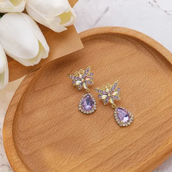 2020 Nový Príchod Vintage Farebné Crystal Fialová Krásny Motýľ Drop Náušnice Pre Ženy Drahokamu Prívesok Šperky