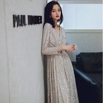 Dlhé Rukávy Večerné Šaty je Yiiya K027 tvaru A-line Zloženke Večerné Šaty Elegantné Trblietavé Sequined Plus Veľkosť Oblečenie De Soiree