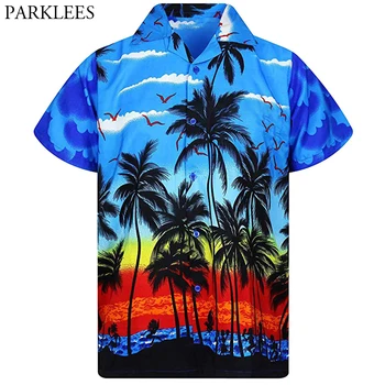 Modrá Palma Vytlačené Pláž Nosiť Tričko Mužov 2020 Lete Krátky Rukáv Mužov Havajské Košele Bežné Tlačidlo Nadol Camisa Hawaiana 3XL