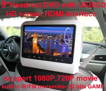 Doprava zadarmo, 9 palcový auto opierky hlavy DVD prehrávač s USB/SD,Zátvorka,HDMI,32 bitov Hier,IR,FM vysielač,HD displej,vstavaný reproduktor