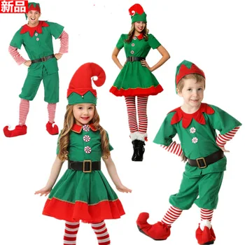 Christmas Elf Kostým Deti, Dospelých, Rodiny, Zelená Elfovia Cosplay Kostýmy Karneval Party Dodávky Vianočný set s osadenie