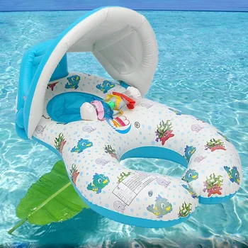 Nafukovacie Dvojité Plávanie Krúžok Baby Bazén Float Hračky S Baldachýnom Mora Matrac Strany Rodič-dieťa Činnosti Flamingo Jednorožec