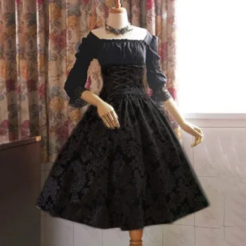 S-5XL Stredovekých Historických Lolita stspoločnosťou yle Gotické Šaty Ženy Plus Veľkosť Riadku Čipky Obväz Midi Šaty Big Swing Retro Šaty, Čierne