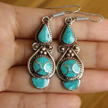 ER173 Nepál Indické Šperky, Ručne vyrábané Medené Náušnice Vložkou Turquoises Kameň Visieť Náušnice Pre Ženy