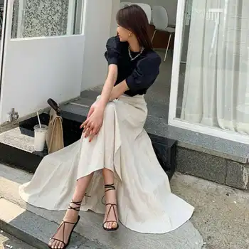 Kórejský Štýl, Vysoký Pás Bavlny a Ľanu Nepravidelný Sukne, Elegantné Maxi Sukne Pre Ženy-Line Ženy Oblečenie
