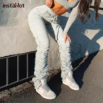 InstaHot ruched ženy súpravy na jeseň šnúrkou šedá bežné bavlnené nohavice elastický capris 2020 streetwear módy pantalone