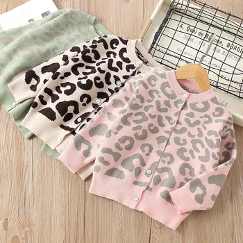 Jeseň Baby Dievčatá Kabát Módne Cardigan Leopard Roztomilý Pletené Oblečenie Pre Deti Detský Bavlnená Bunda Pletenie Sveter Oblečenie Pre Dievča