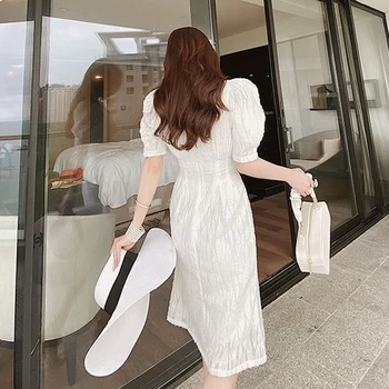 Letný Večer Party Šaty Žien kórejský Štýl Slim tvaru Lístkového Rukáv Vysoký Pás Biele Šaty-line Elegantné Šaty Žien Oblečenie