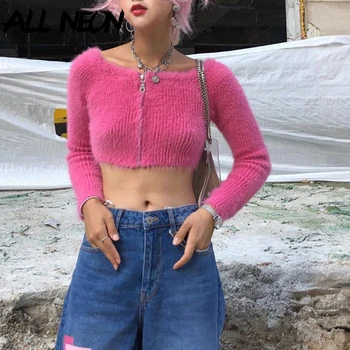 ALLNeon E-dievča Sladké Shaggy Zips Predné Crewneck Dlhý Rukáv Vesty Vintage Hot Pink Plodín Topy Jeseň Strany Nosenie 90. rokov Sveter