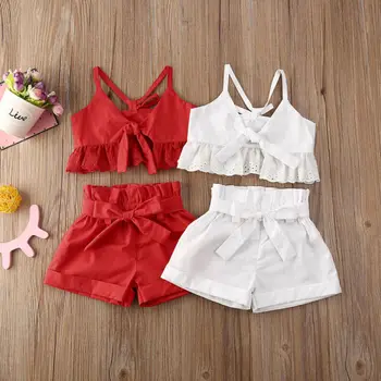 2020 Lete Batoľa Detský Dieťa Dieťa Dievča Oblečenie Nastaviť tvaru Prehrabať Vesta Čipky Topy Bowknot Šortky Pevné 2KS Sunsuit Princezná