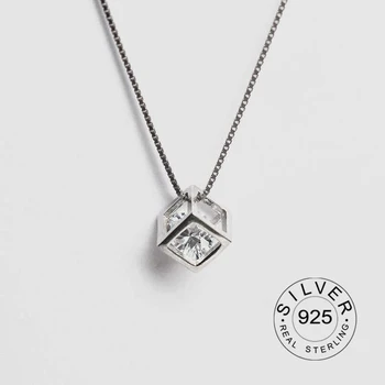 925 Sterling Silver Šperky Trojrozmernej Kocky Crystal Prívesok Box Náhrdelník Trend Ženy Jednoduché Clavicle Reťazca