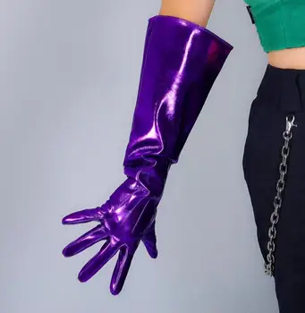 Ženské dráhy módne purpurové lesklé kožené rukavice lady klub výkon formálnej strany kožené dlhé široké rukavice 70 cm R3007