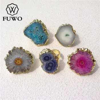 FUWO Módne Stalactite Krúžky S 24K Zlatom elektrolyticky pokrývajú Originálne Slnečná Quartz Kvet Agates Plátky Krúžok Pre Ženy RG015