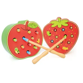 Jablko Jahoda Deti Drevené Hračky Chytiť Hry Worms s Magnetickým Stick Montessori Vzdelávacích Tvor Bloky Interaktívne Hračky