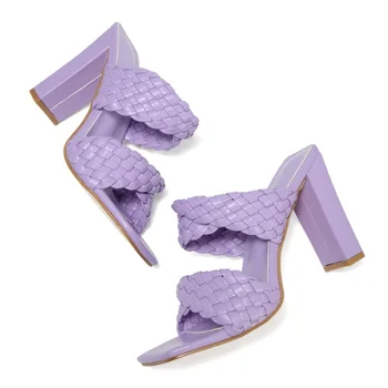 Dráhy Módne Sandále Ženy Tkaných Slip-on Vysokým Podpätkom Sandále 2020 Sexy Otvorené Prst Tkané Listov Ženy Papuče Fialová Plus Veľkosť 42