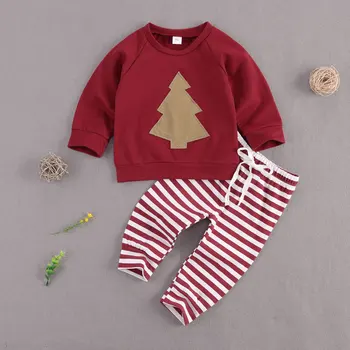 Deti Dve Kus Dlhý Rukáv Tree Top Čipky Elastický Pás Pruhované Nohavice pre Deti Vianočné Oblečenie Oblečenie Set sa