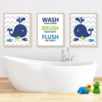 Kawai Veľryba Deti Umenie Výtlačkov Umývanie Štetca a Flush Wall Art Canvas pre Kúpeľne Dekor Plagáty maľovať Obrázky